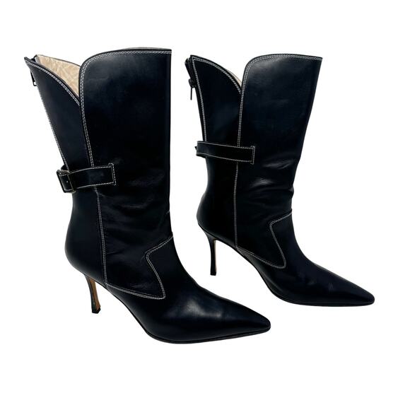 Manolo Blahnik Black Leather Western Stiletto Boots Size 40 Pointed Toe Italy - Picture 1 of 8